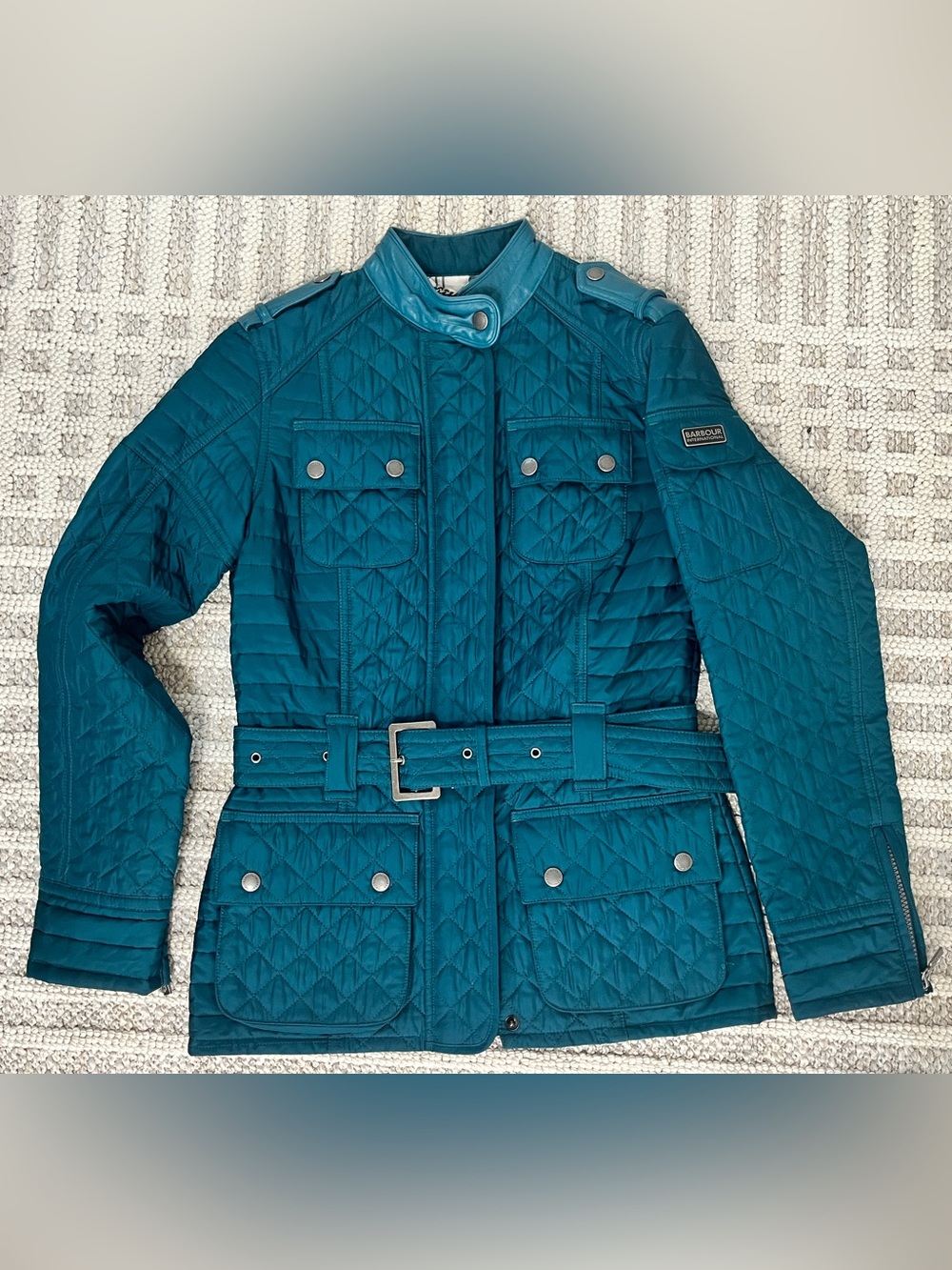 Barbour International ‘Black Streak’ in teal, w Quilted Leather Trim  size 4